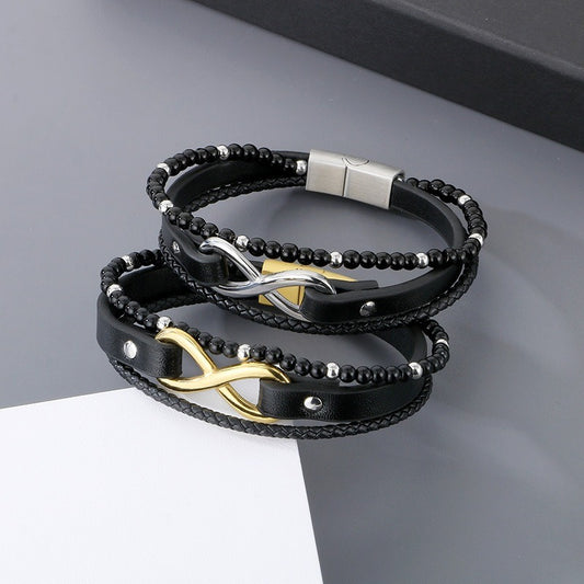 Kemstone Layered Leather Beaded Infinity Bracelet for Men Stainless Steel Clasp Wristband KB180750-JR
