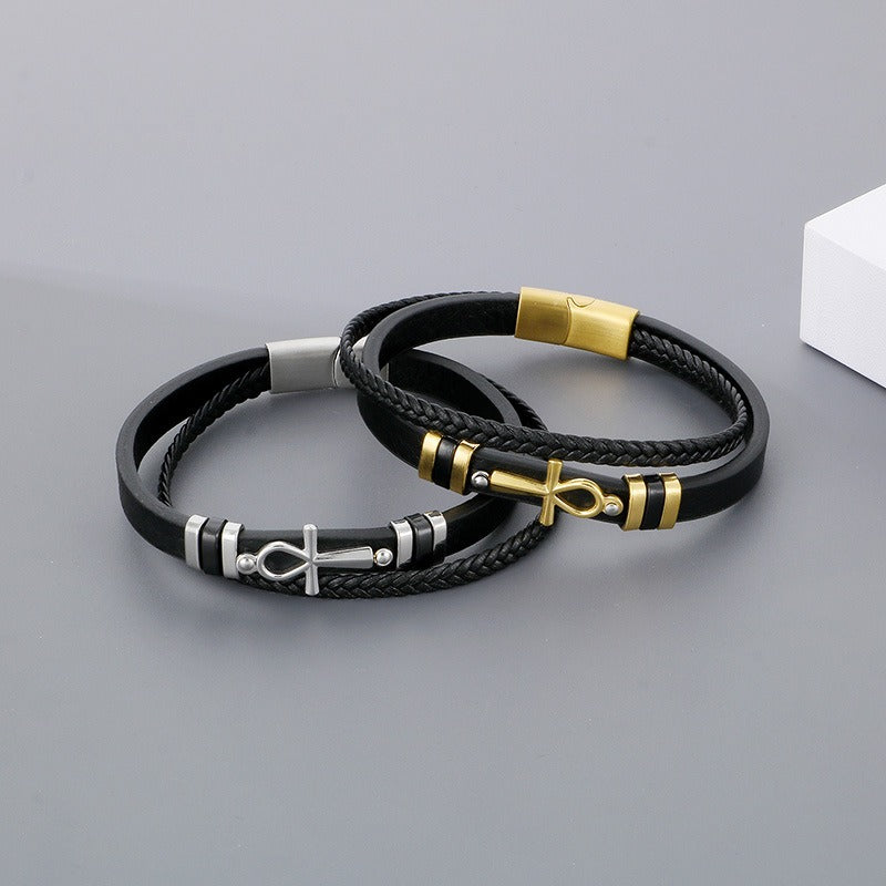 Kemstone Layered Leather Bracelet for Men Stainless Steel Cross Detail KB180738-JR