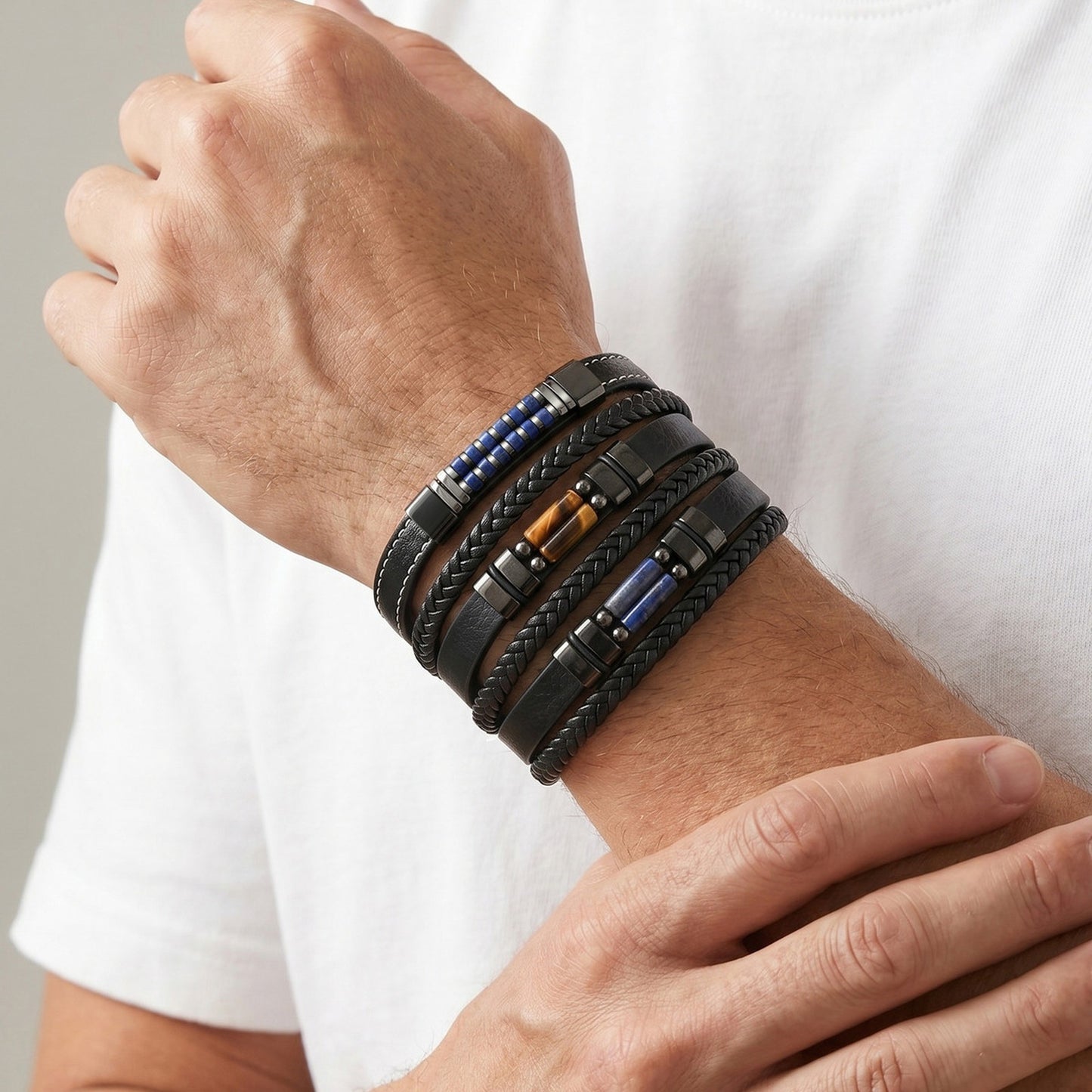 Kemstone Stainless Steel Lapis Lazuli Double-Layer Bracelet for Men BL-841