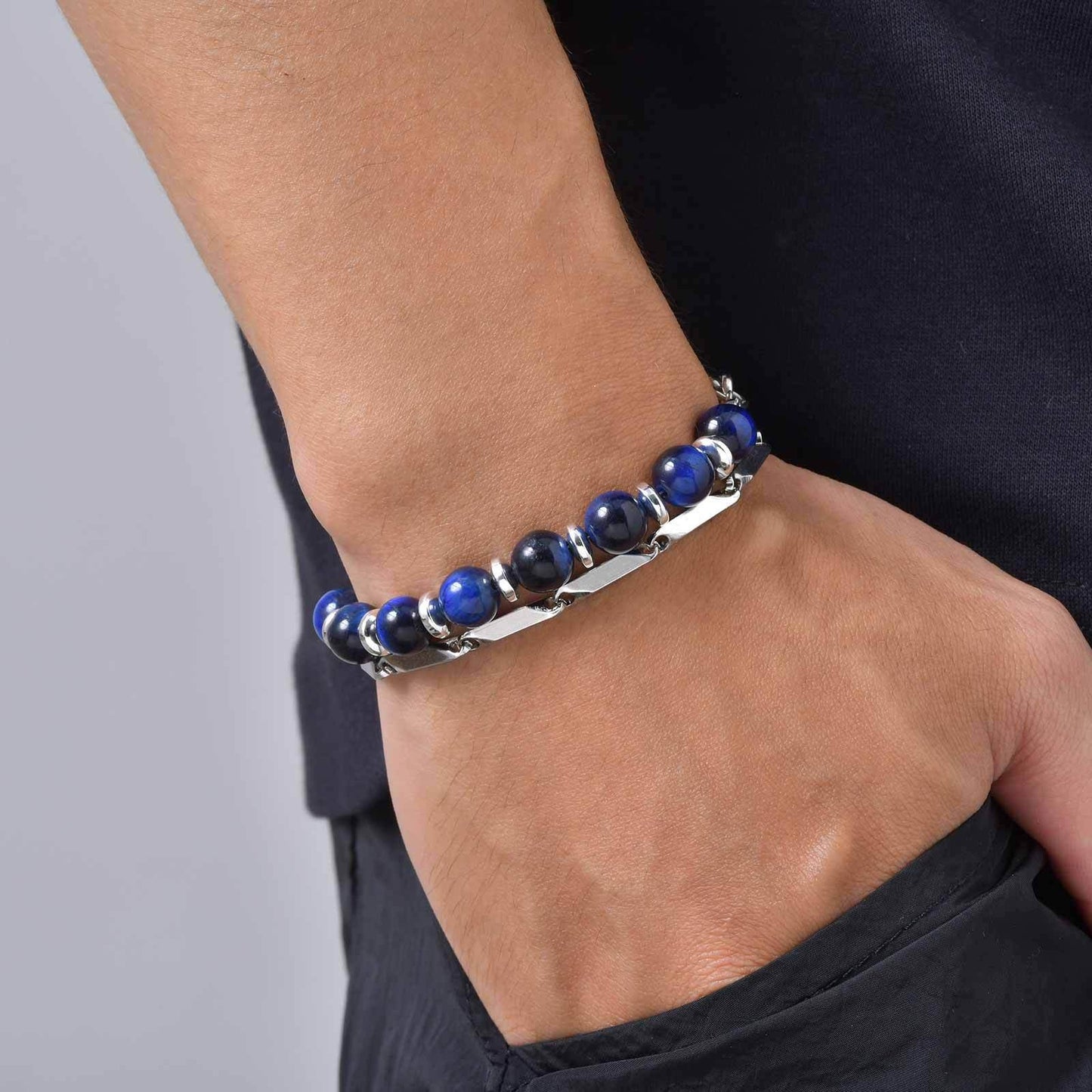Kemston Stone Bead Bracelet for Men Stainless Steel Layered Design BR-2935