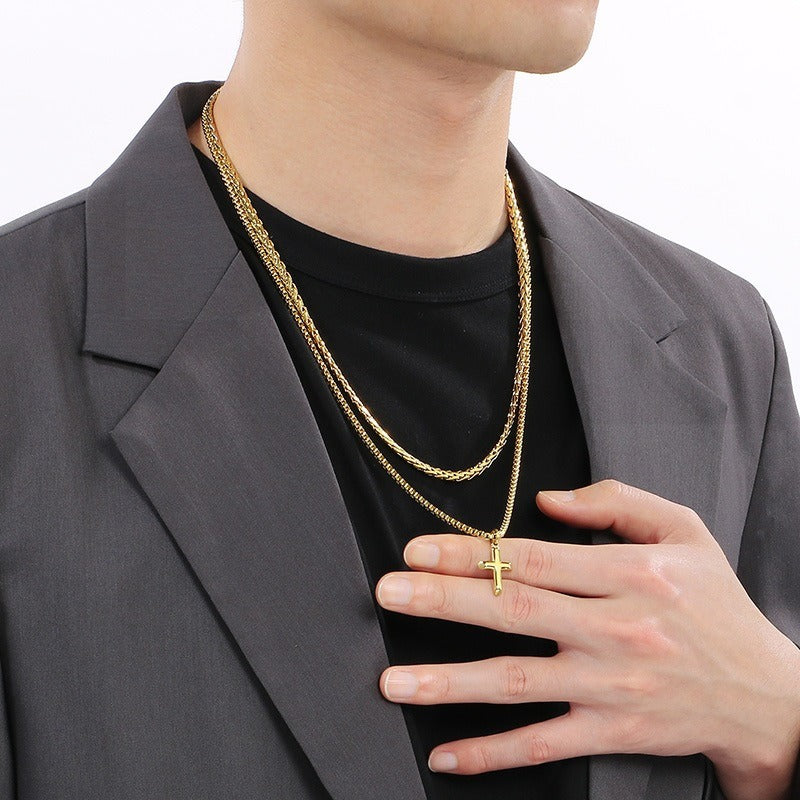 Kemstone Titanium Steel Cross Pendant Necklace for Men, Layered Box Chain Double Chain Gold Silver Black KN283141-KFC