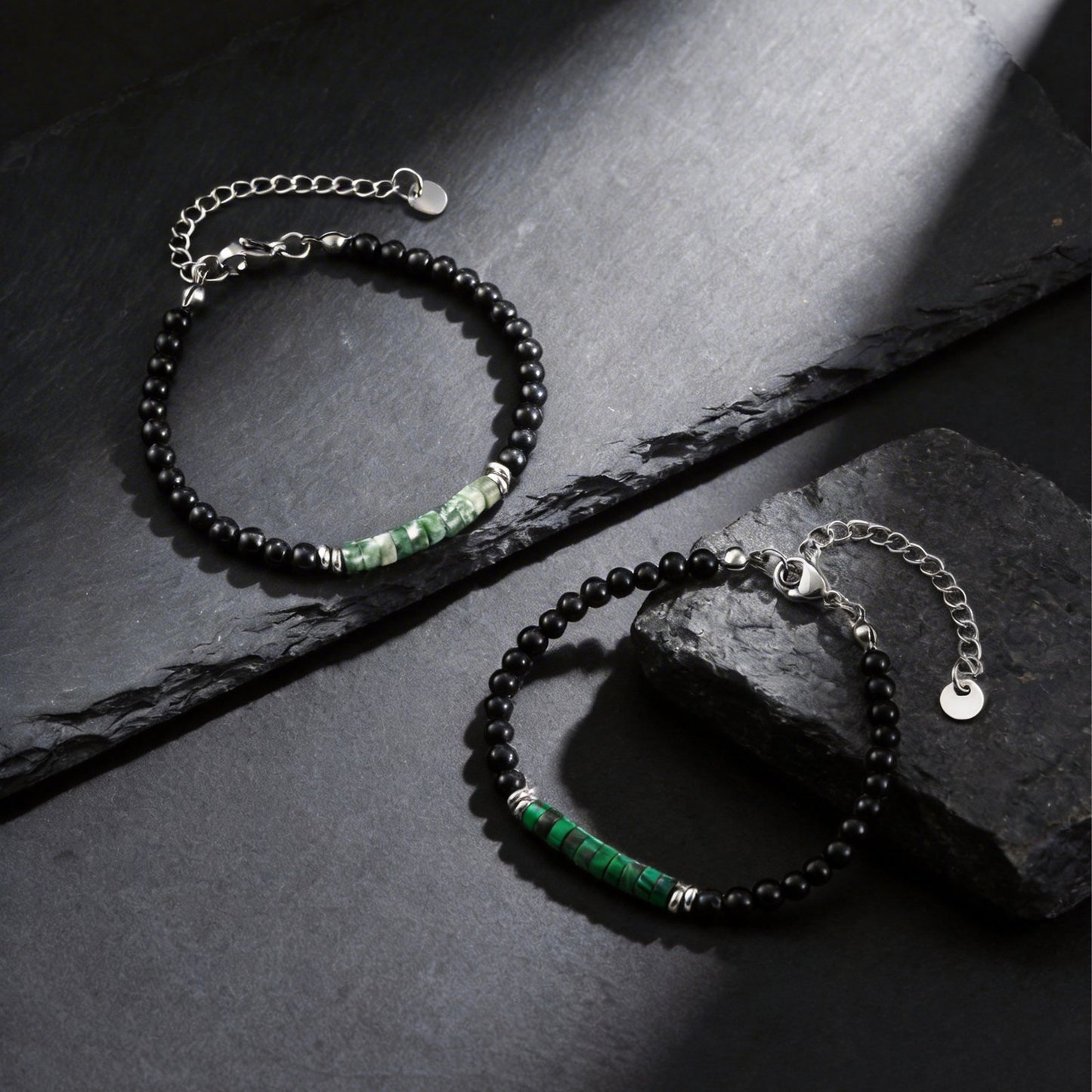 Kemstone Stone Beaded Bracelet Green Bead Adjustable Chain for Men Women BR-2925