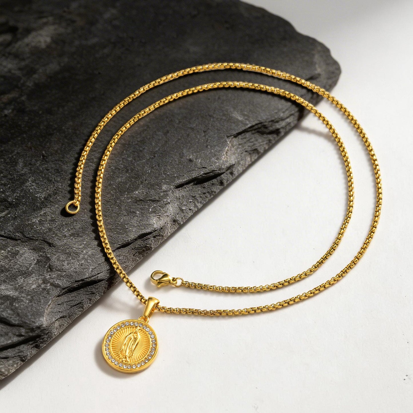 Kemstone Round Coin Pendant Necklace Gold Plated Stainless Steel Cubic Zirconia Medallion for Men Women PN-2339