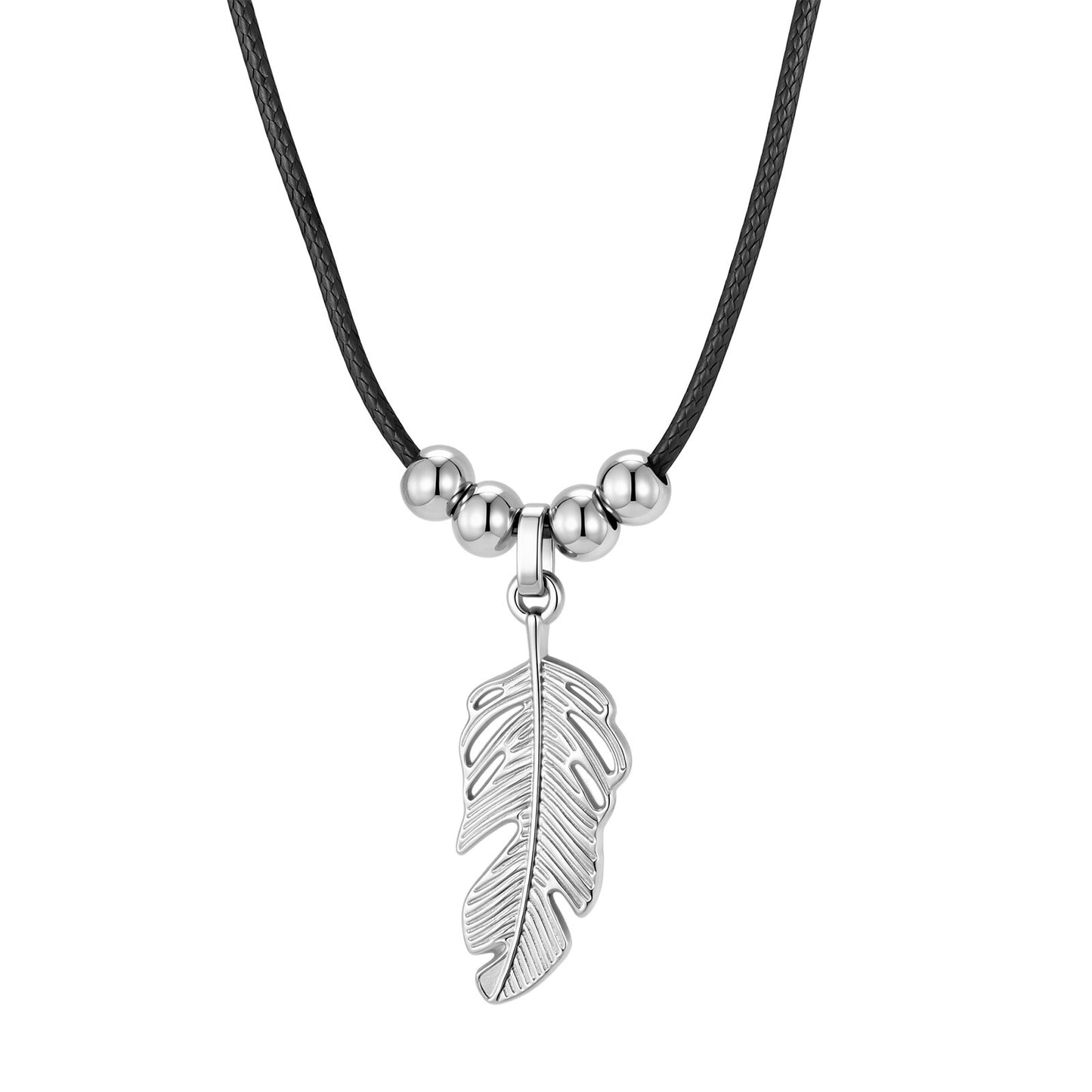 Kemstone Stainless Steel Leaf Pendant Necklace for Men Black Cord Beaded Chain NC-2753