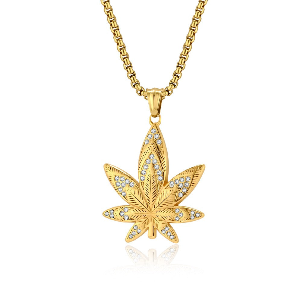 Kemstone Leaf Pendant Necklace Stainless Steel Cubic Zirconia for Men K-PT603