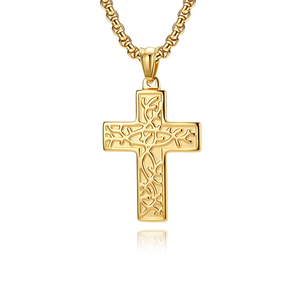 Kemstone Stainless Steel Cross Pendant Necklace for Men Vintage Engraved Tree of Life Lightweight K-PT725