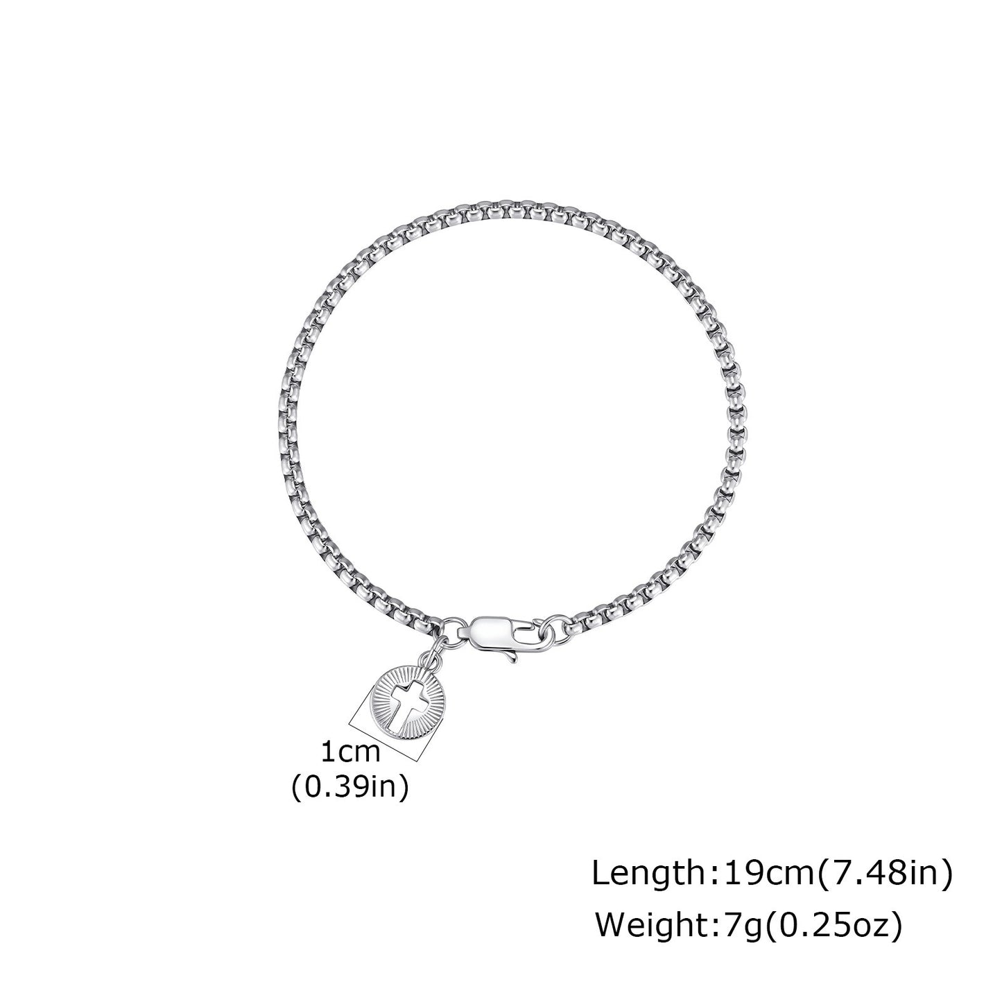 Kemston Stainless Steel Cross Charm Bracelet for Men Silver Round Tag BR-3102