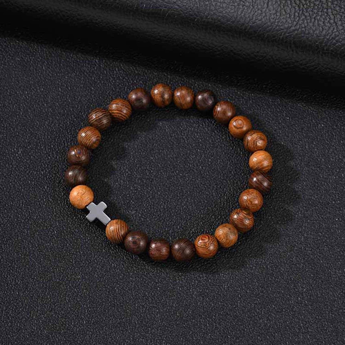 Kemston Wenge Wood Bead Cross Bracelet for Men & Women Black Stone Accent BR-3030