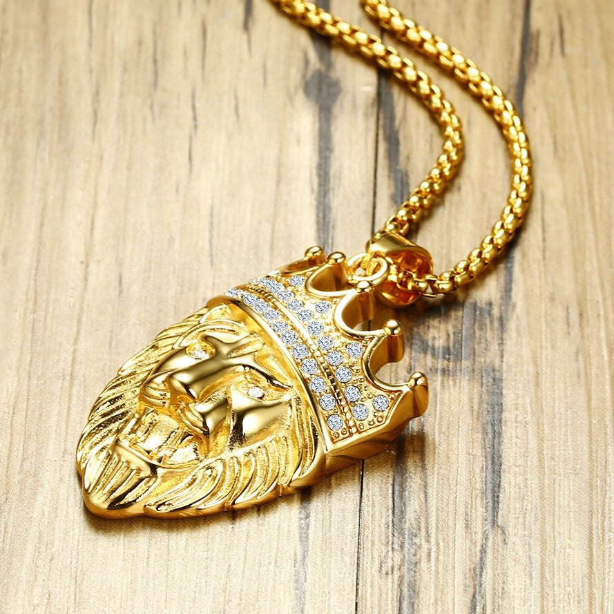 Kemstone Lion Head Pendant Necklace for Men Stainless Steel Gold Plated Crown Detail PN-1028