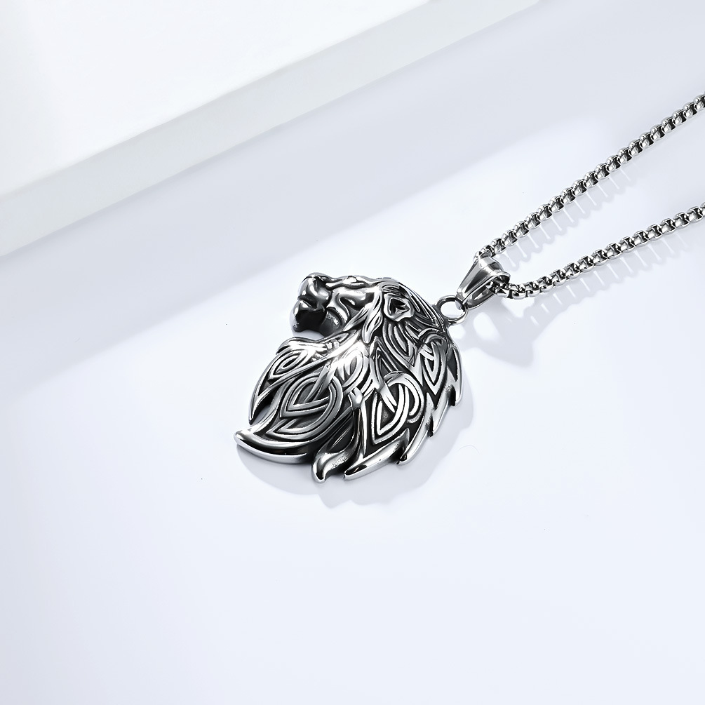 Kemstone Stainless Steel Lion Head Pendant Necklace – Vintage Relief Design K-PT495