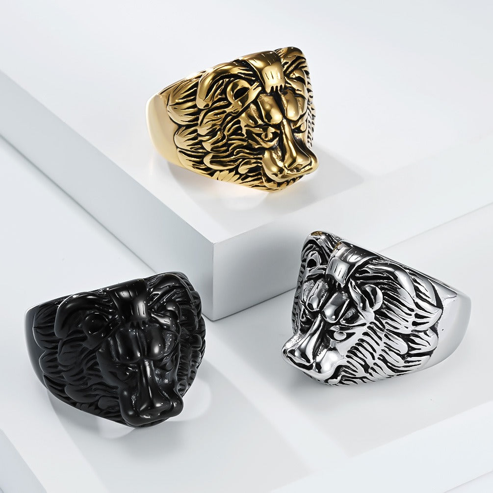 Kemstone Stainless Steel Lion Head Ring for Men Vintage Textured K-R1066