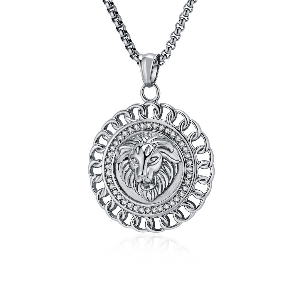 Kemstone Stainless Steel Lion Medallion Pendant Necklace for Men Gothic Vintage Animal Chain K-PT624