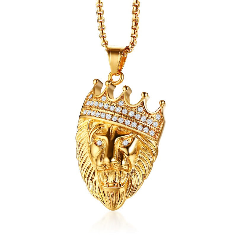 Kemstone Lion Head Pendant Necklace for Men Stainless Steel Gold Plated Crown Detail PN-1028