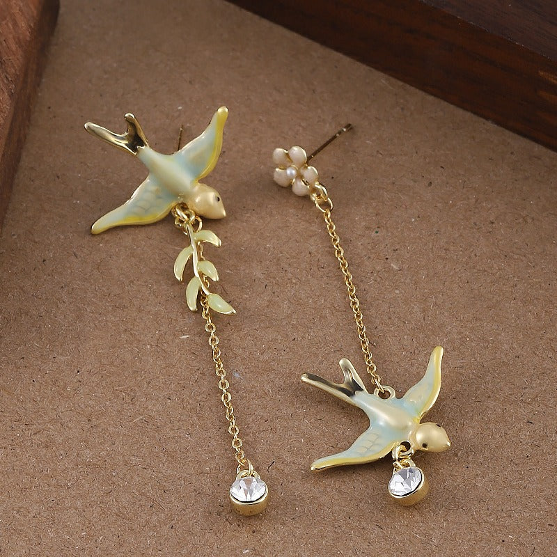 Kemstone Asymmetrical Swallow Drop Earrings for Women Floral Tassel D84993