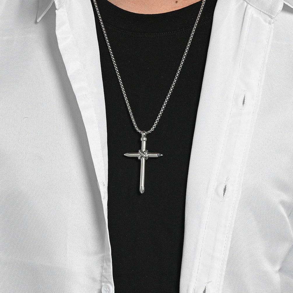 Kemstone Stainless Steel Nail Cross Pendant Necklace Knot Detail for Men & Women K-PT714