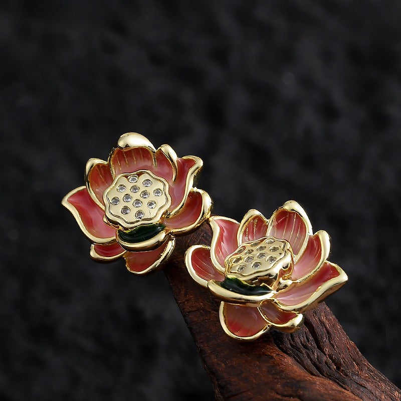 Kemstone Lotus Flower Stud Earrings for Women Enamel Floral Copper TD10865
