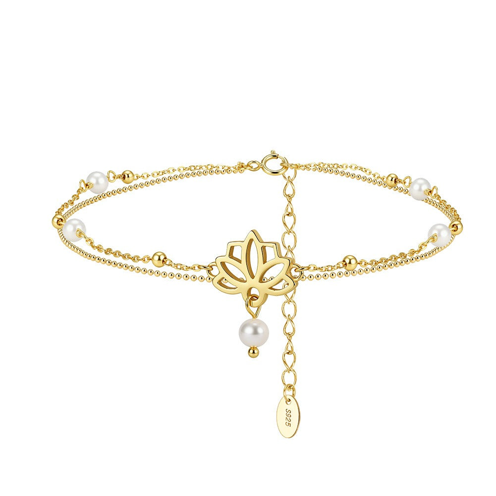 Kemstone 925 Sterling Silver Lotus Anklet for Women Layered Freshwater Pearl Gold Silver SA100