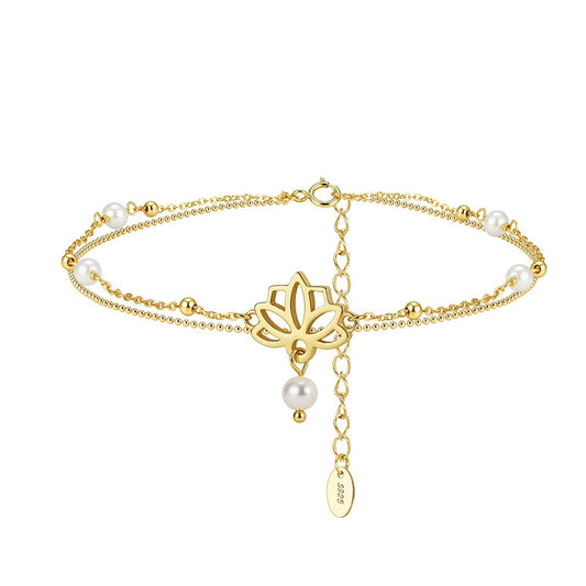 Kemstone 925 Sterling Silver Lotus Anklet for Women Layered Freshwater Pearl Gold Silver SA100