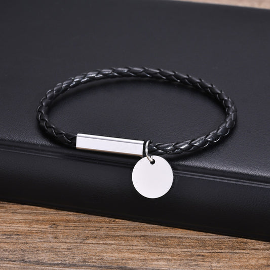Kemstone Stainless Steel Leather Bracelet – Magnetic Bar Clasp & Round Tag for Men BR-1998