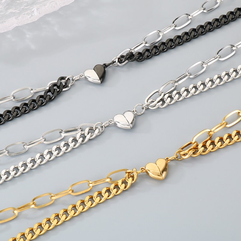 Kemstone Magnetic Heart Cuban Chain Couple Bracelet Titanium Steel Matching Bracelet for Men & Women KB208398-Z