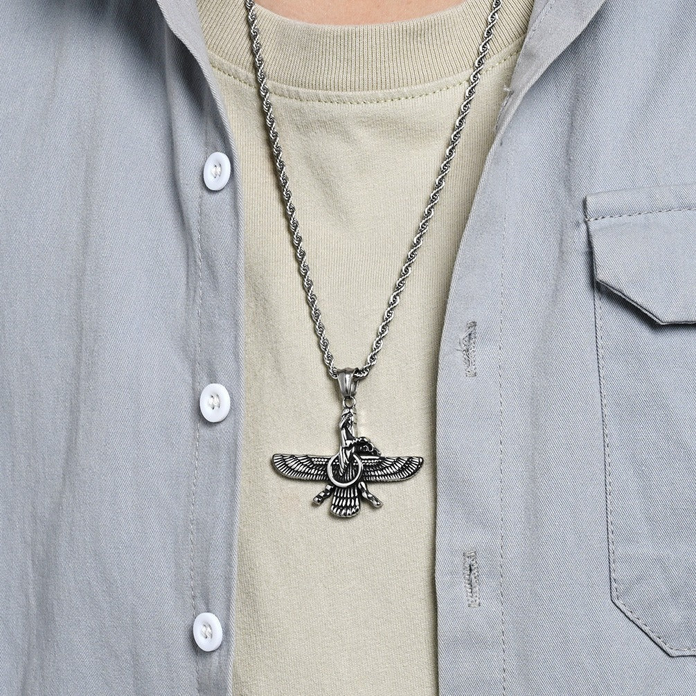 Kemstone Stainless Steel Faravahar Pendant Necklace – Persian Symbol for Men K-PT678
