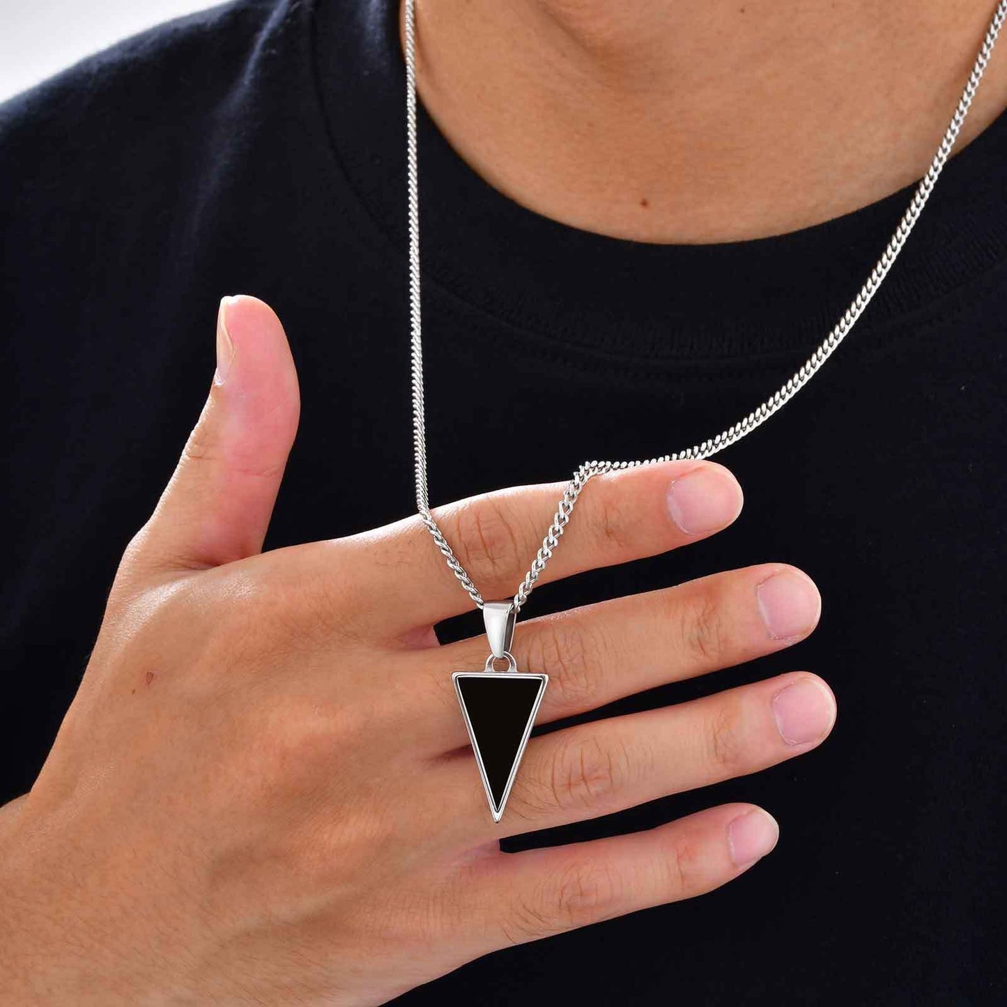 Kemstone Men’s Black Onyx Triangle Necklace – Stainless Steel Modern Pendant PN-2201
