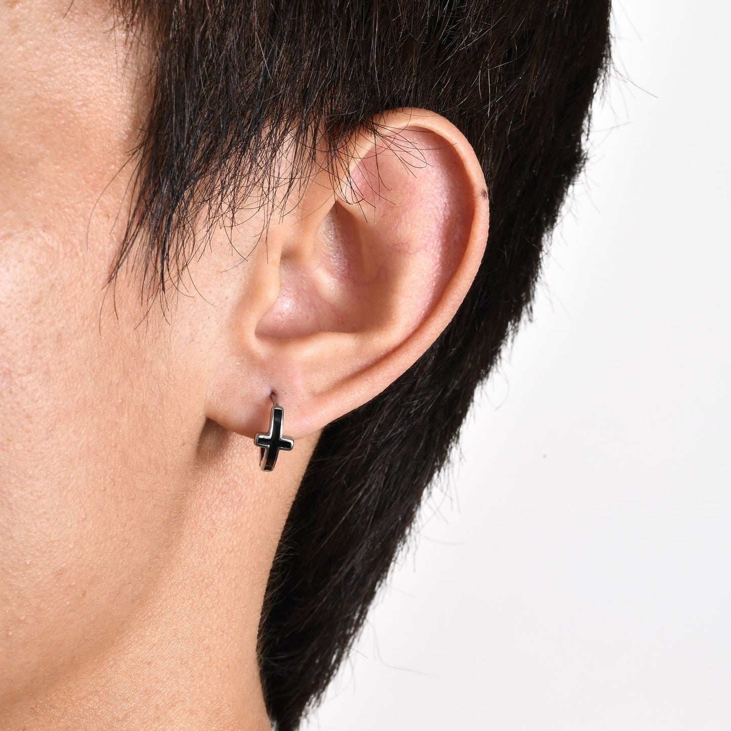 Kemstone Stainless Steel Cross Hoop Earrings for Men – Black Enamel Minimalist Jewelry EH-579