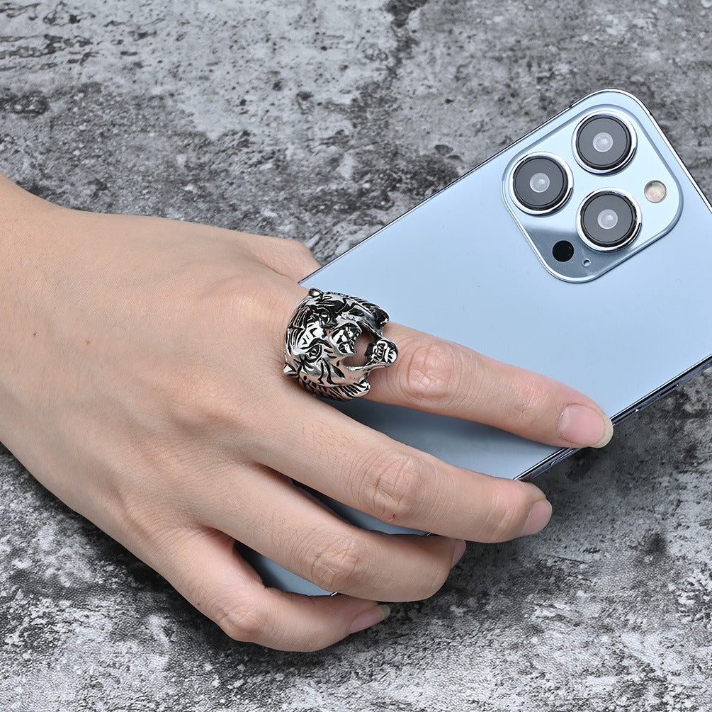 Kemstone Men’s Stainless Steel Tiger Head Ring – Vintage Punk Style K-R684