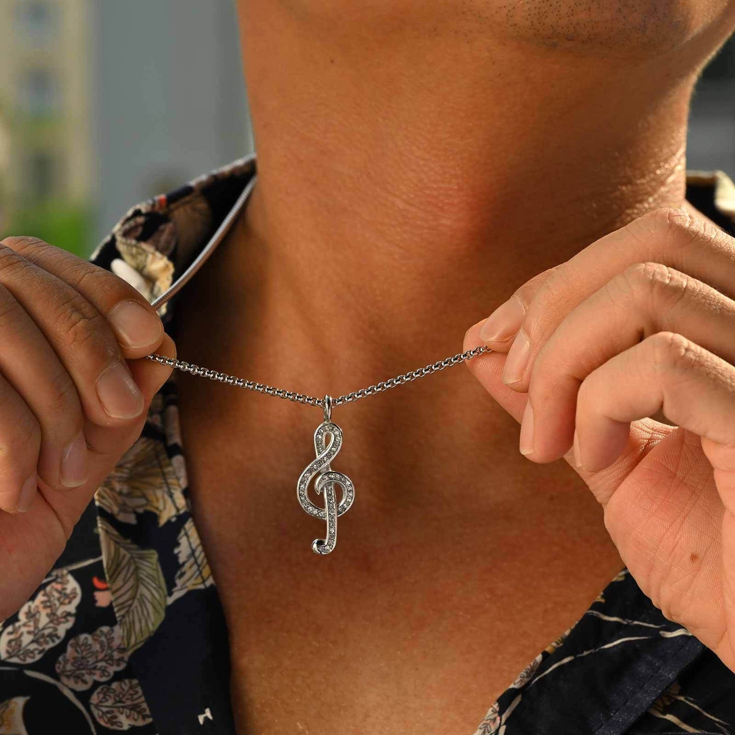 Kemstone Men’s Stainless Steel Treble Clef Necklace – Crystal Rhinestone PN-2229