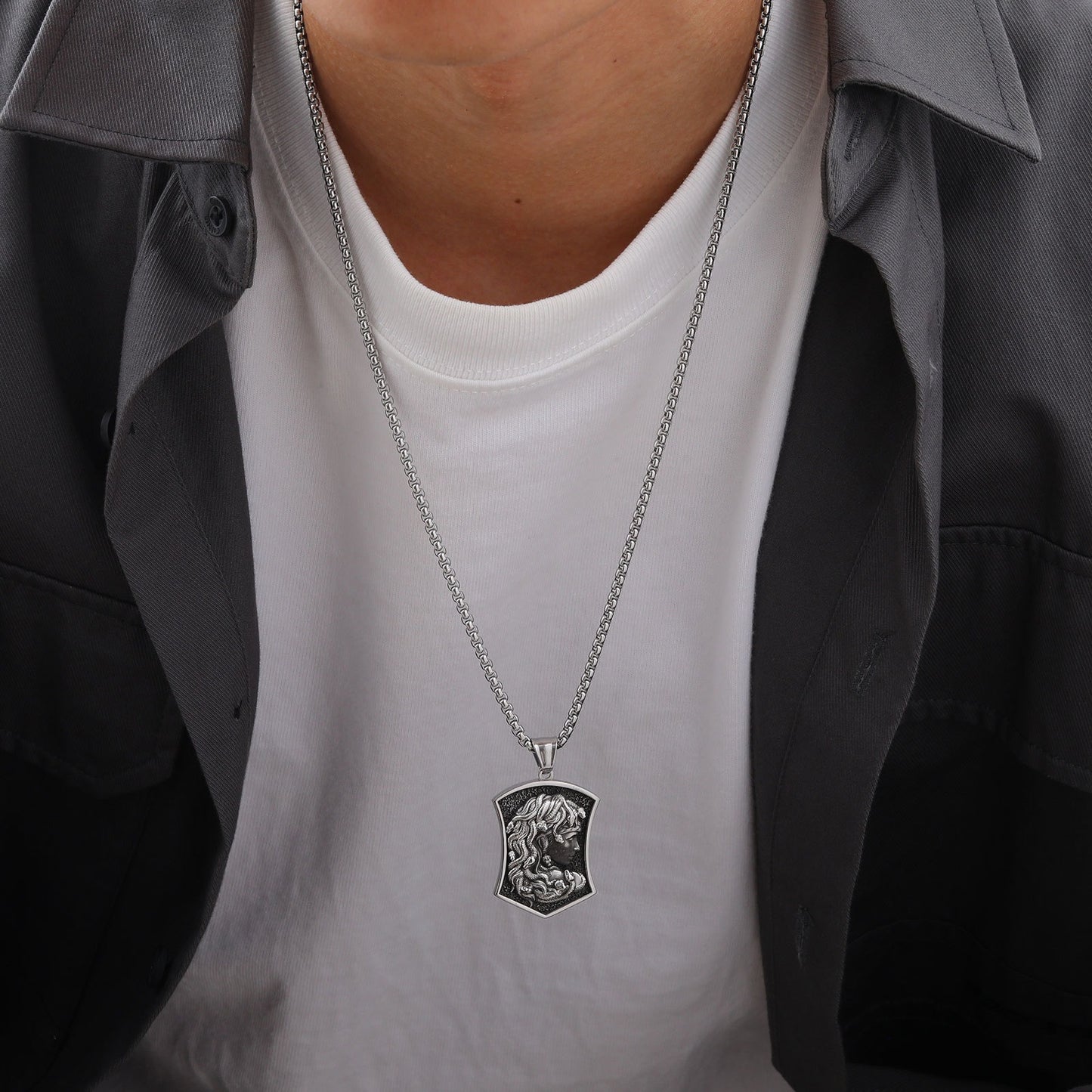 Kemstone Men’s Stainless Steel Medusa Pendant Necklace – Dark Relief Design PN-2021