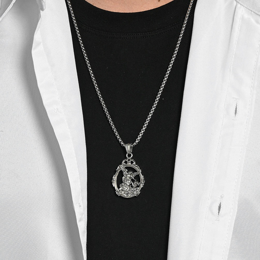 Kemstone Stainless Steel Angel Pendant Necklace for Men Vintage Relief Archangel Medallion Oval Silver Gold Black K-PT711