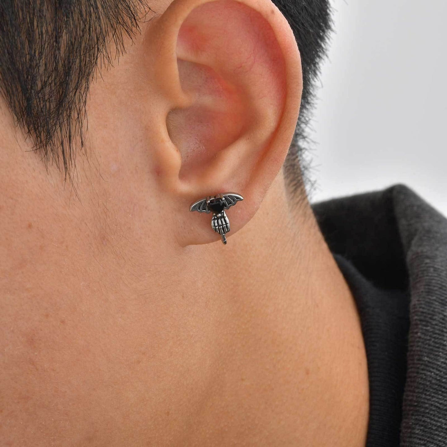 Kemstone Stainless Steel Black Cubic Zirconia Heart Wing Stud Earring for Men ES-769