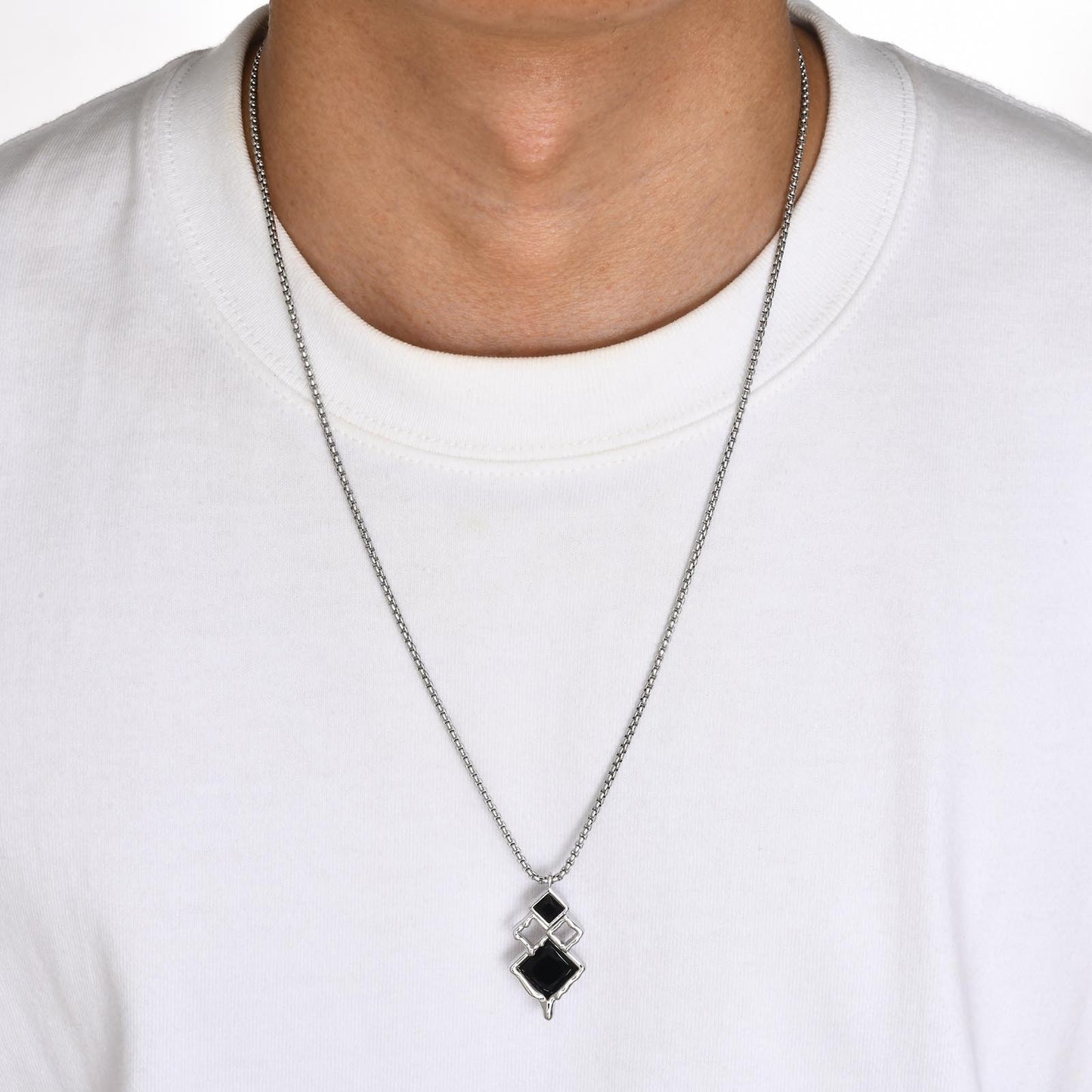 Kemstone Men’s Silver Geometric Pendant Necklace with Black Enamel PNB-192
