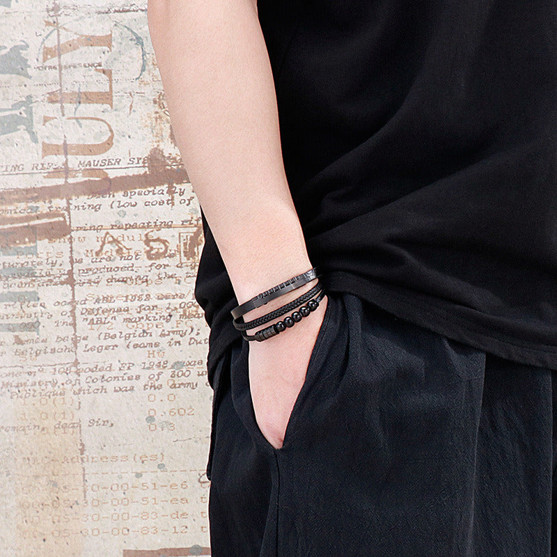 Kemstone Multi-Layer Braided Leather Bracelet for Men Beaded Titanium Steel KB147788-KLHQ