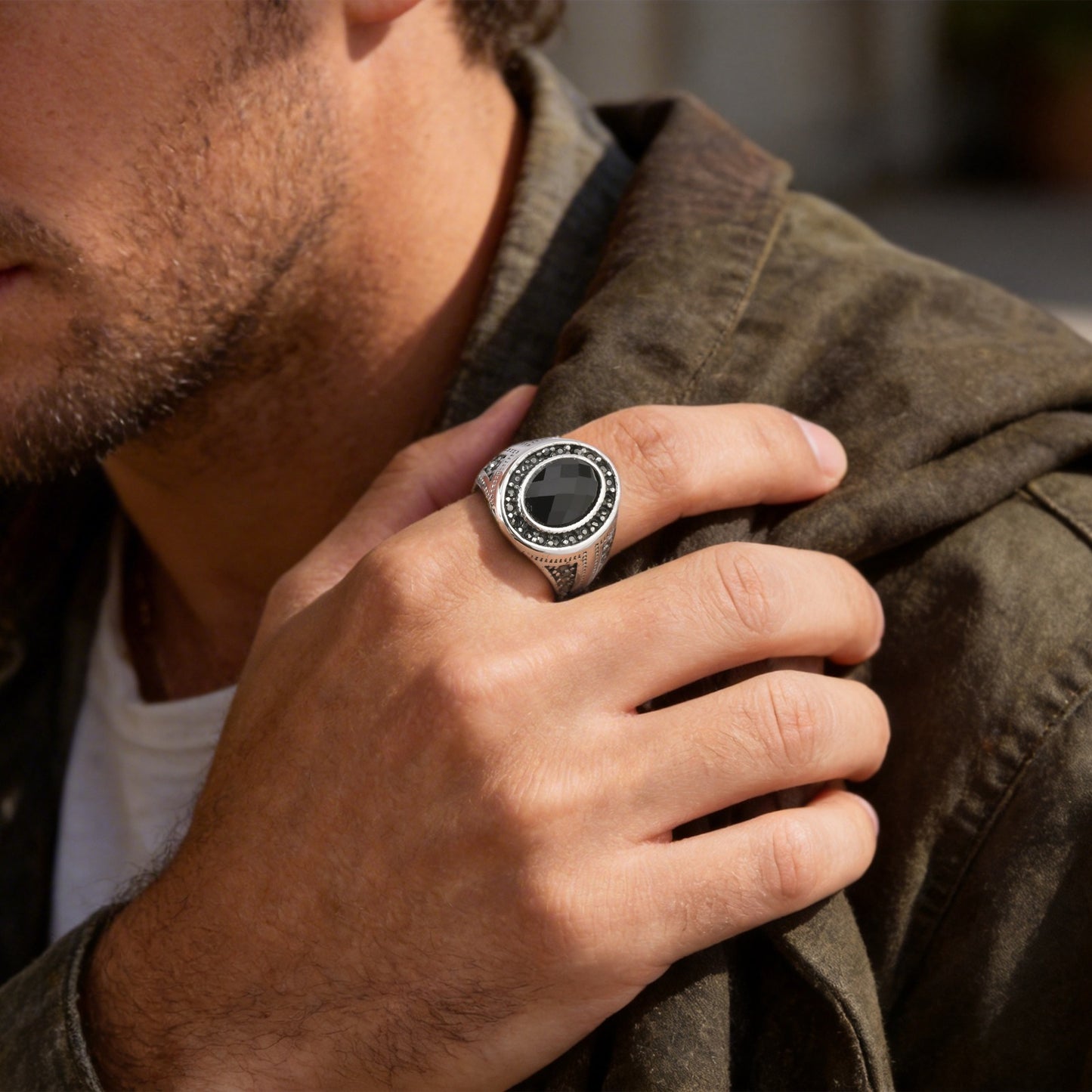 Kemstone Stainless Steel Black Oval Signet Ring Vintage Glass Detail for Men RC-842
