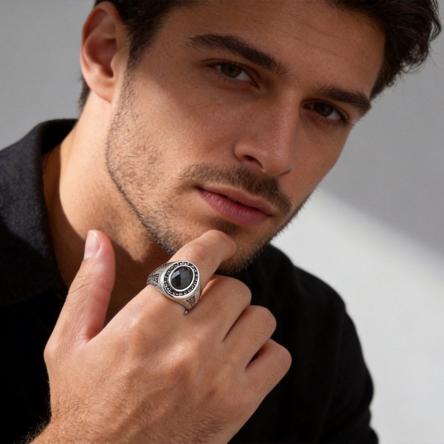 Kemstone Stainless Steel Black Oval Signet Ring Vintage Glass Detail for Men RC-842