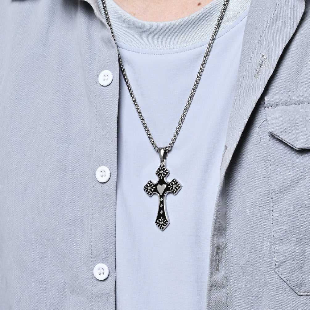 Kemstone Stainless Steel Heart Cross Pendant Necklace for Men Vintage Black Silver K-PT568