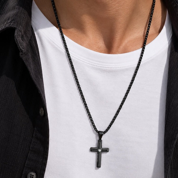 Kemstone Black Cross Pendant Necklace for Men Stainless Steel Cubic Zirconia Center PN-2440
