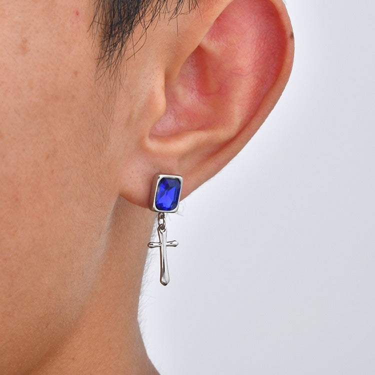 Kemstone Blue Crystal Cross Earring for Men Stainless Steel ED-1148