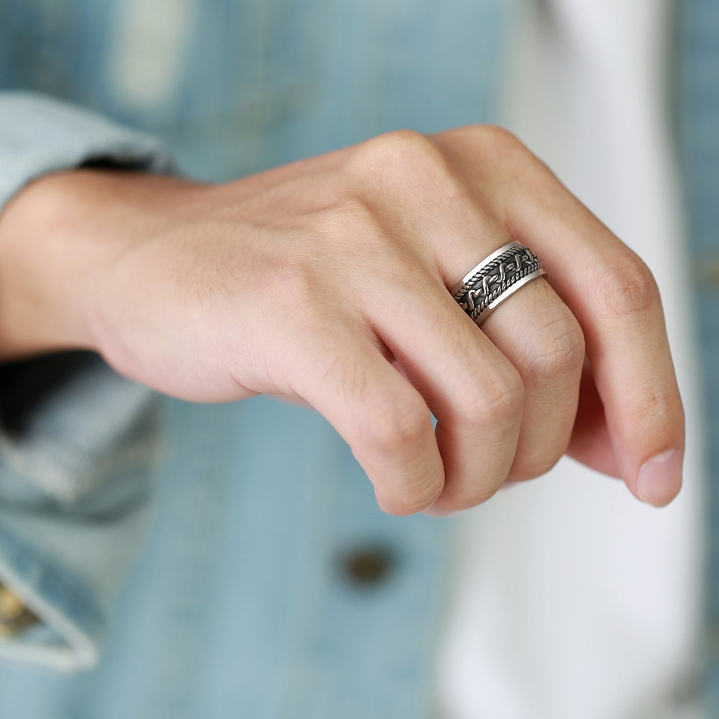 Kemstone Titanium Steel Chain Texture Ring for Men – Vintage Hip-Hop Style RC-512