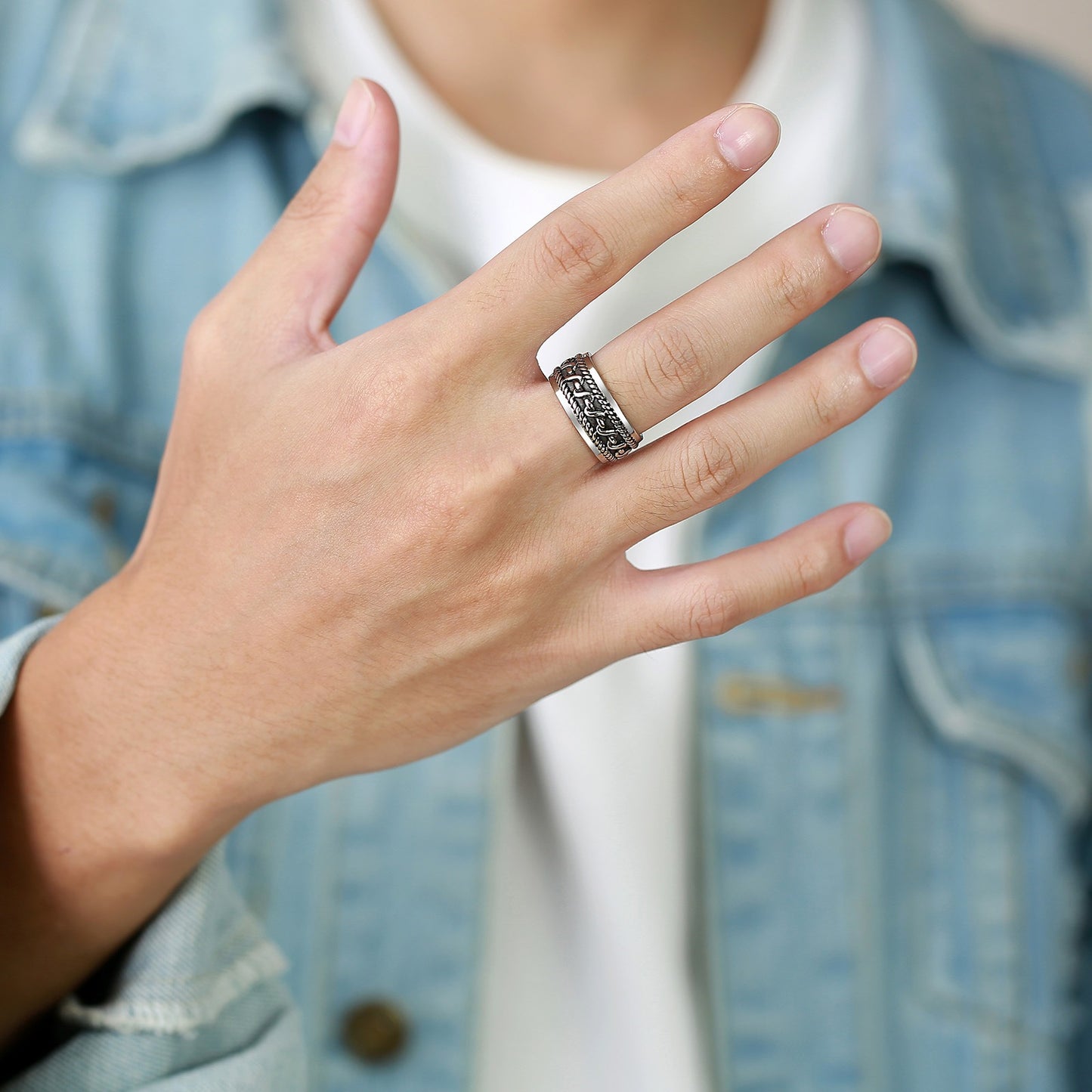 Kemstone Titanium Steel Chain Texture Ring for Men – Vintage Hip-Hop Style RC-512