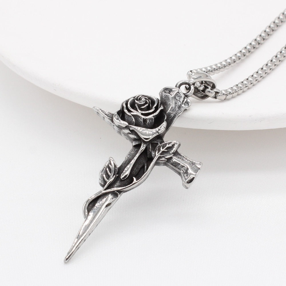 Kemstone Stainless Steel Cross Pendant Necklace for Men Women Rose Detail Vintage P0999