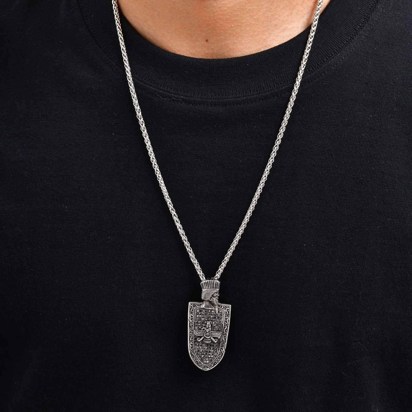 Kemstone Stainless Steel Shield Pendant Necklace for Men – Gun Black, Vintage Armor PN-2261