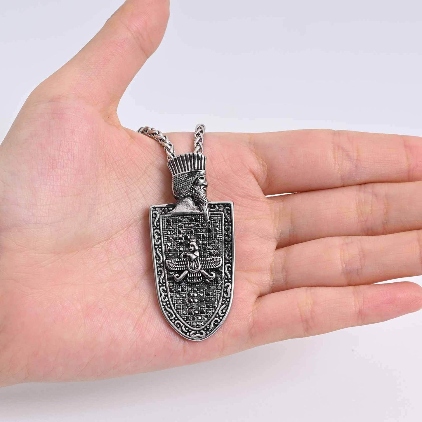 Kemstone Stainless Steel Shield Pendant Necklace for Men – Gun Black, Vintage Armor PN-2261