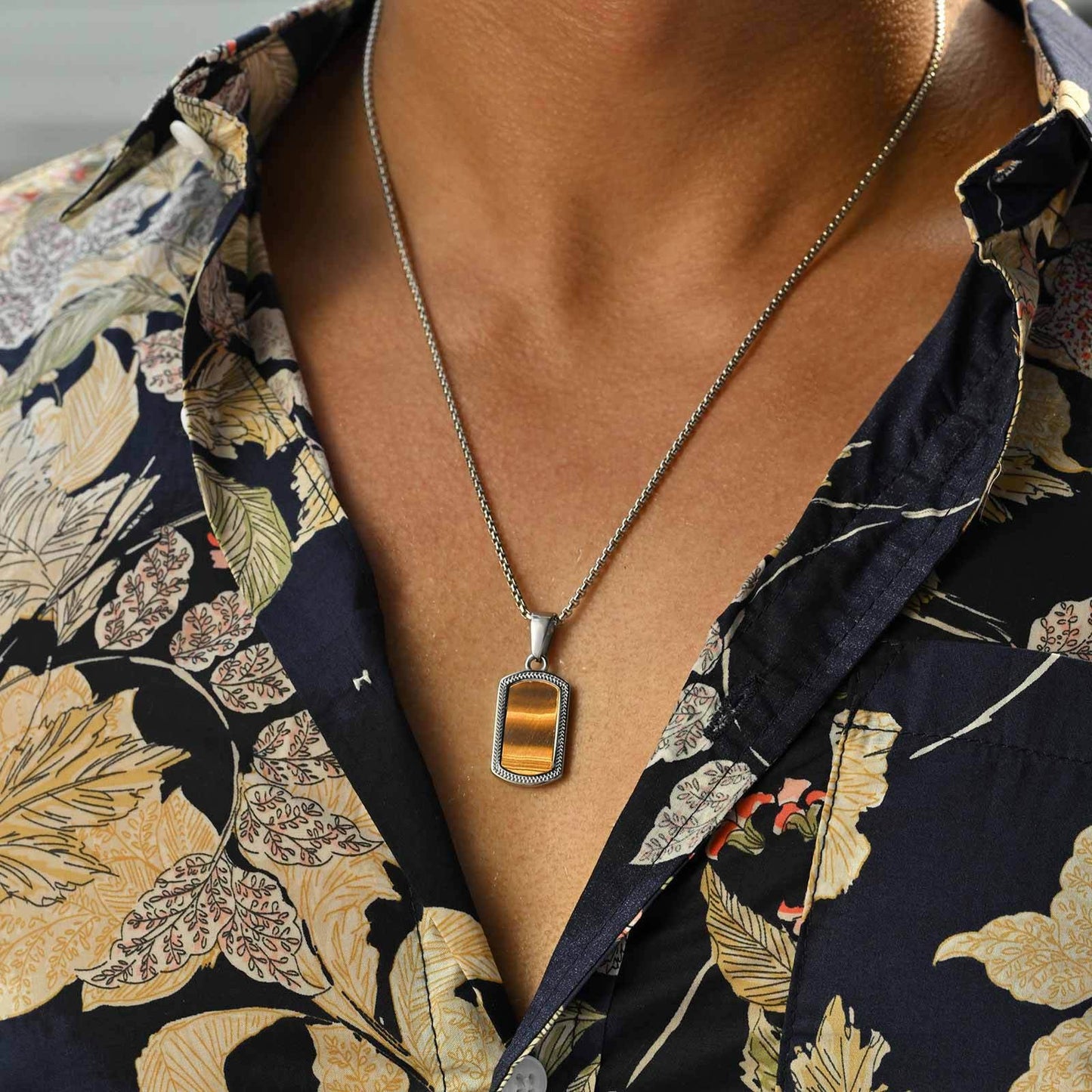 Kemstone Stainless Steel Tiger Eye Pendant Necklace for Men – Silver Hip Hop Jewelry PN-2162
