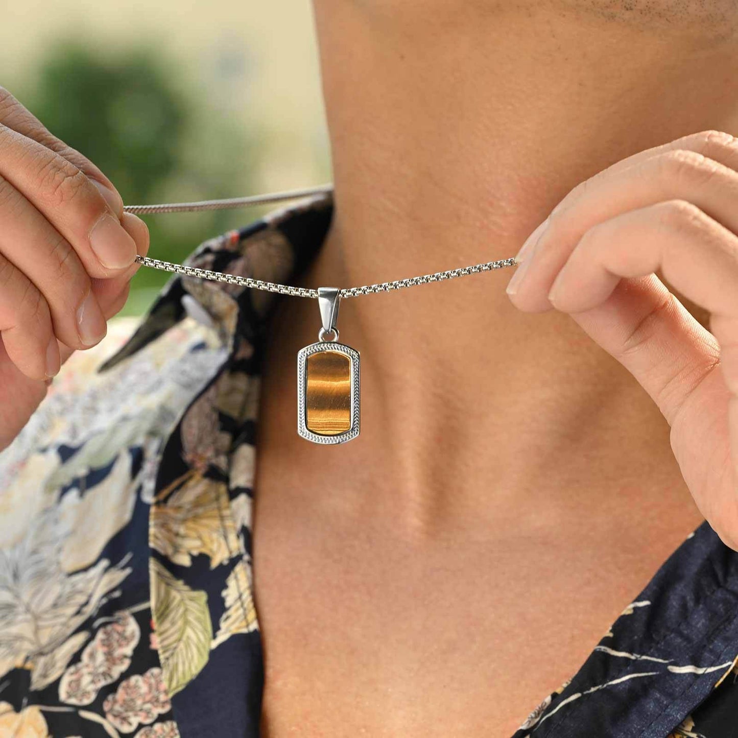 Kemstone Stainless Steel Tiger Eye Pendant Necklace for Men – Silver Hip Hop Jewelry PN-2162