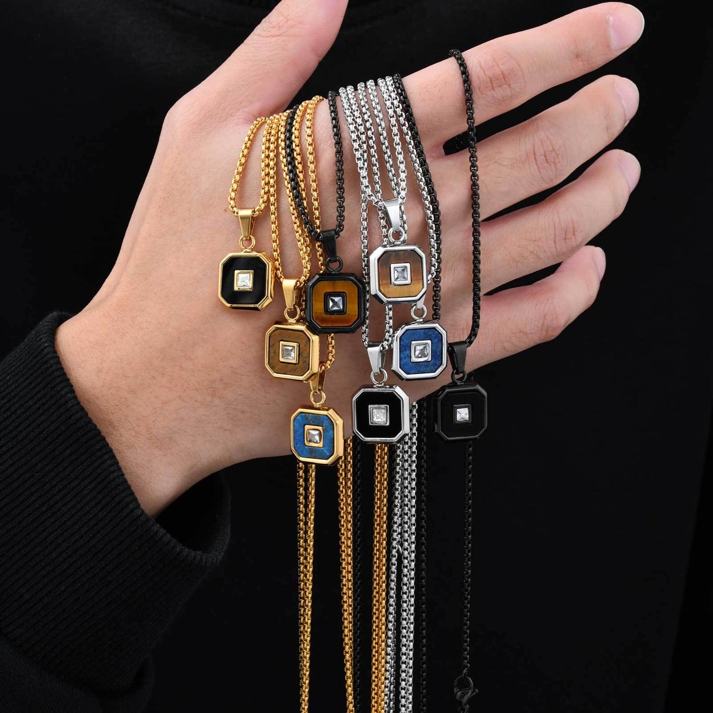 Kemstone Men’s Stainless Steel Lapis Lazuli Cubic Zirconia Pendant Necklace – Gold Silver Black PN-2074