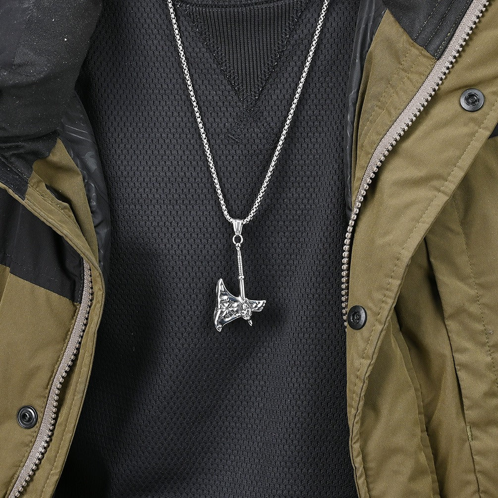 Kemstone Stainless Steel Nordic Axe Pendant Necklace for Men Skull Detail K-PT472
