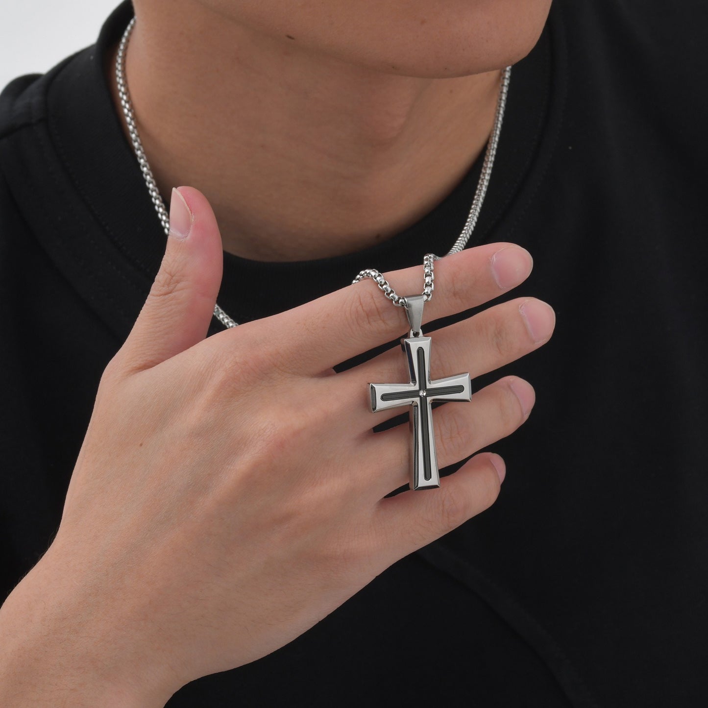 Kemstone Stainless Steel Cross Pendant Necklace for Men Cubic Zirconia Silver PN-2113