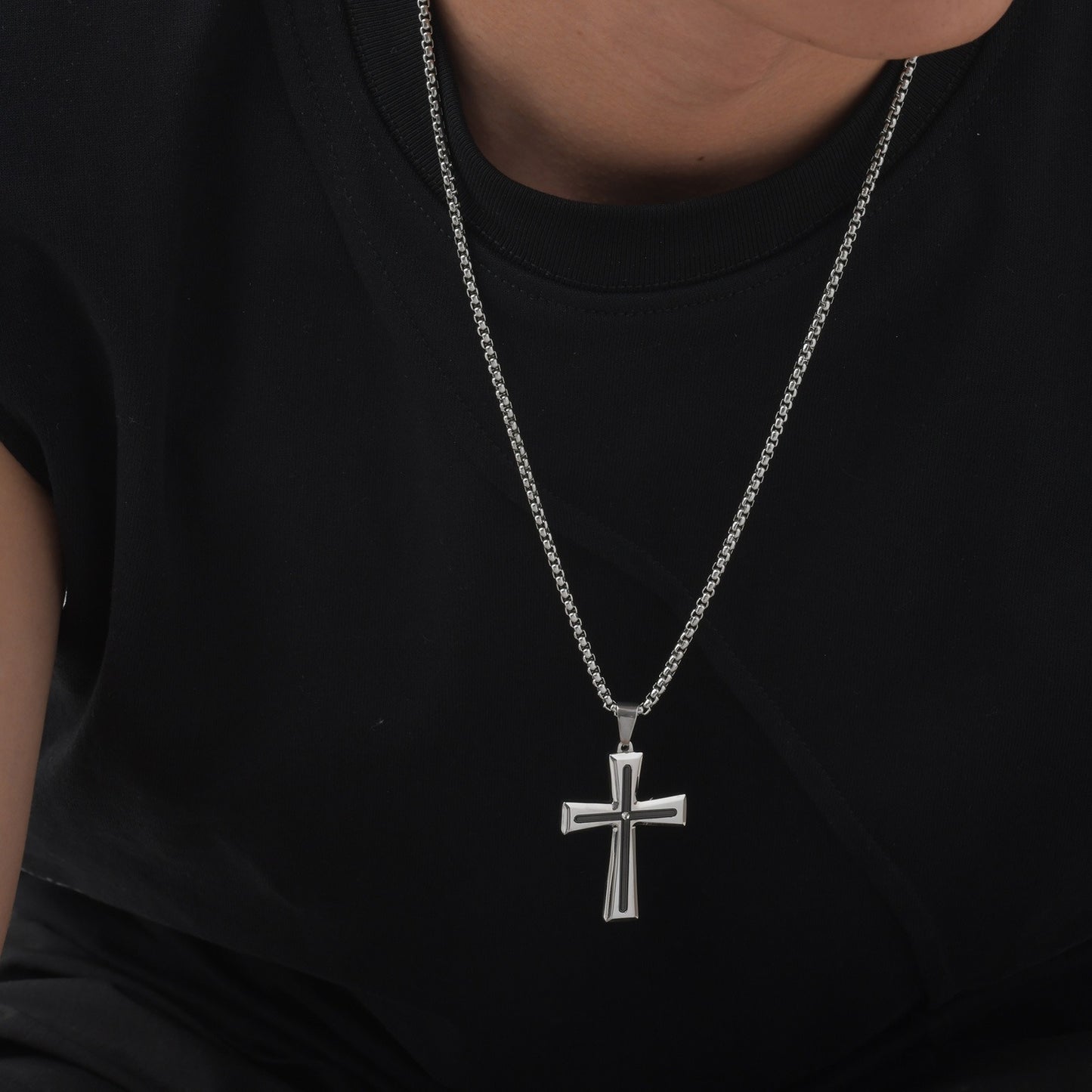 Kemstone Stainless Steel Cross Pendant Necklace for Men Cubic Zirconia Silver PN-2113